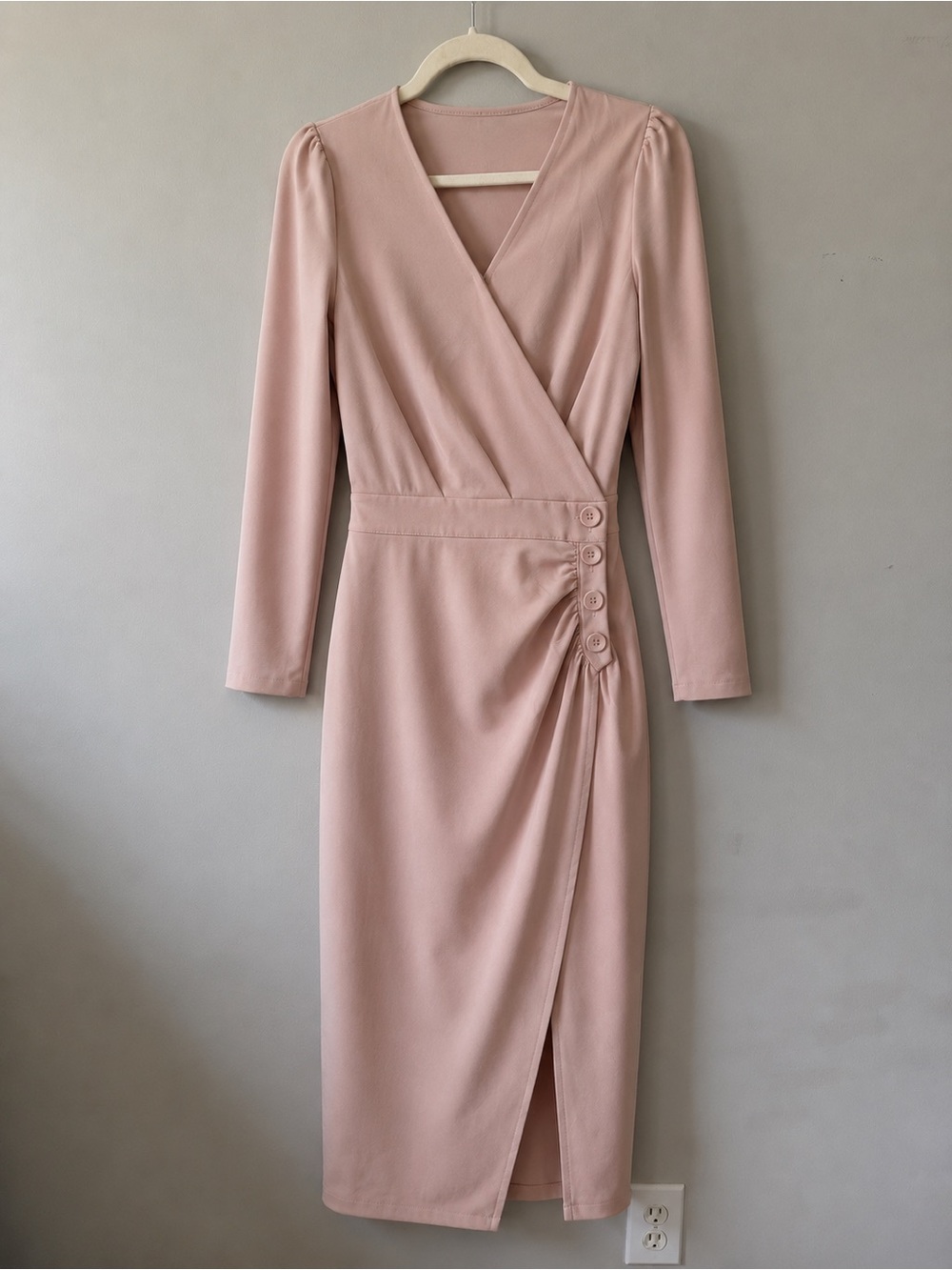 Soft Blush Wrap Midi Dress with Side Button Detail